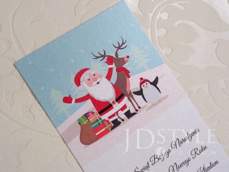 Skromne kartki świąteczne Mikołaj z prezentami i reniferem BN-56