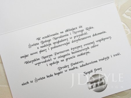 Biznesowe kartki świąteczne małe składane BN-63, na zdjęciu przykład wnętrza z życzeniami dla kontrahentów firmy