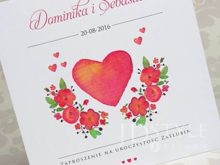 Zaproszenia ślubne Vintage serce i kwiatki czerwone VI-32, na zdjeciu papier biały