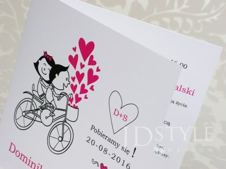 Zabawne zaproszenia na ślub rower z sercami FN-08, na zdjęciu papier biały