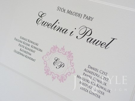 Plan stołów weselnych VI-13-PS, na zdjęciu papier naturalny biały, grafika brudny róż