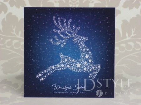 Granatowe kartki świąteczne z reniferem z gwiazd BN-69, firmowe kartki na Boże Narodzenie