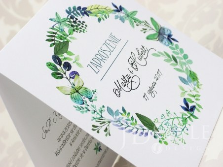 Zaproszenia weselne zielony wianek FL-14, na zdjęciu papier gładki biały
