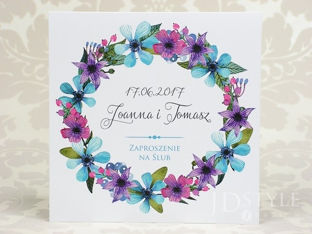 Zaproszenia ślubne okrągły wianek Flower FL-19, na zdjęciu papier gładki biały