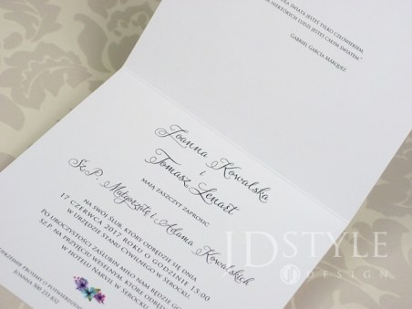 Zaproszenie ślubne FL-19, na zdjęciu papier gładki biały, wnętrze