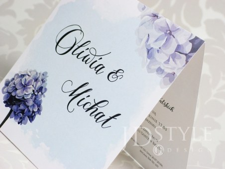 Zaproszenia kwiatowe na ślub z hortensją wrzosowo-niebieską FL-32