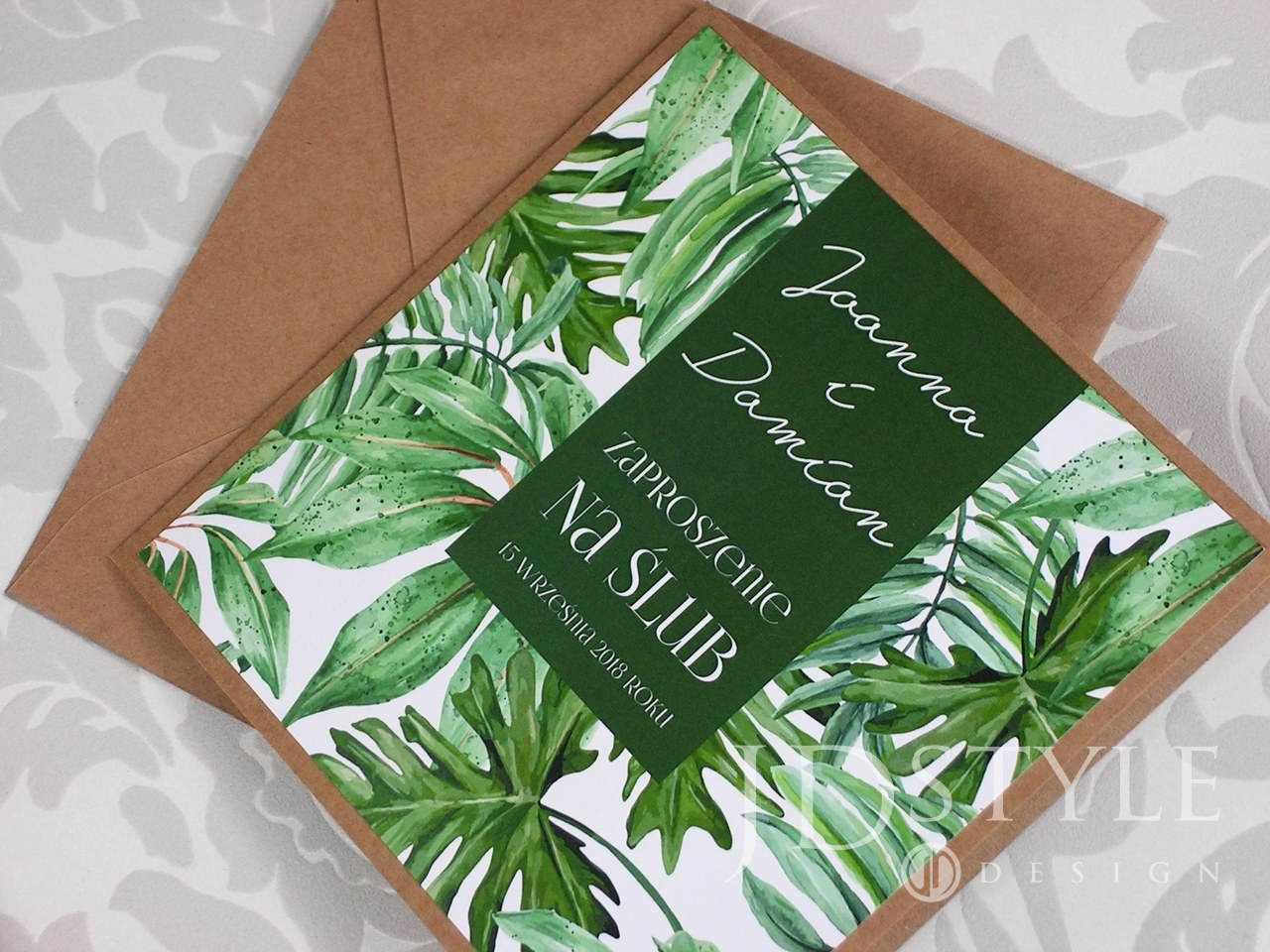Zaproszenia ślubne botaniczne z wykorzystaniem papieru ekologicznego FL-38 z kopertą eko.