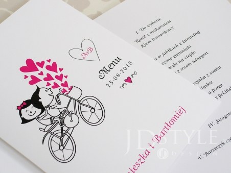 Śmieszne karty menu na wesele z rowerem i serduszkami FN-08-M