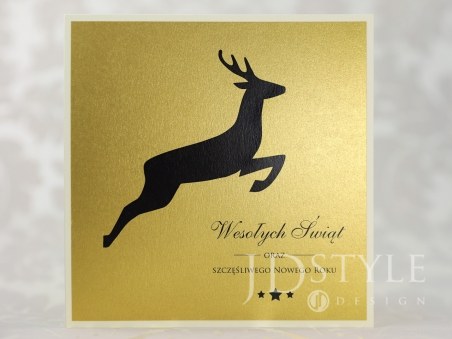Eleganckie kartki świąteczne dla firm złote ze skaczącym reniferkiem BN-78