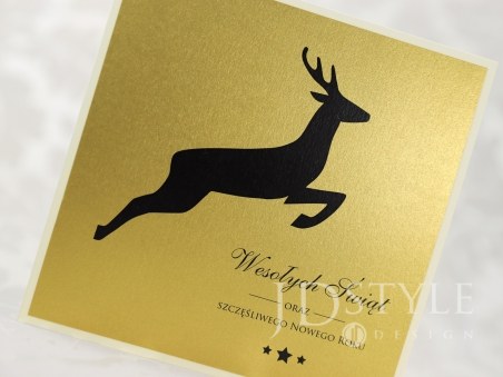 Eleganckie kartki świąteczne dla firm w kolorze złotym, skaczący renifer BN-78
