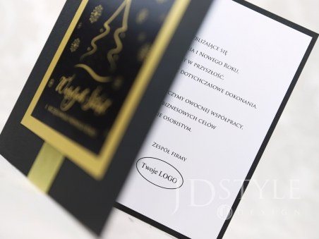 Eleganckie kartki świąteczne czarno-złote biznesowe otwierane na bok z choinką BN-81