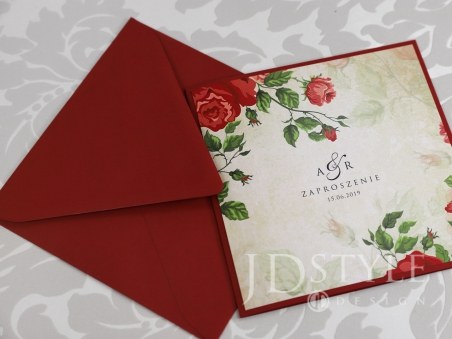 Zaproszenia ślubne czerwone róże Vintage klejone VI-54 z czerwoną kopertą zamykaną w szpic