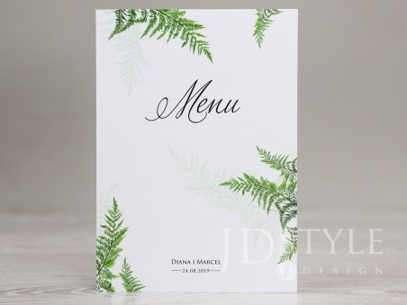 Ślubne botaniczne karty menu z motywem zielonych paproci FL-50-M