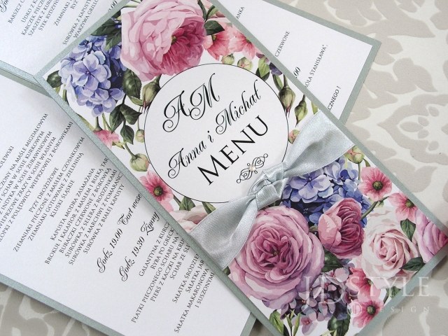 Karty menu na wesele kwiatowe ze srebrnymi dodatkami FL-42-M-(DL)