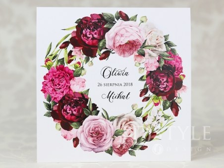 Zaproszenia ślubne wianek piwonii i róż kwiatowe FL-61