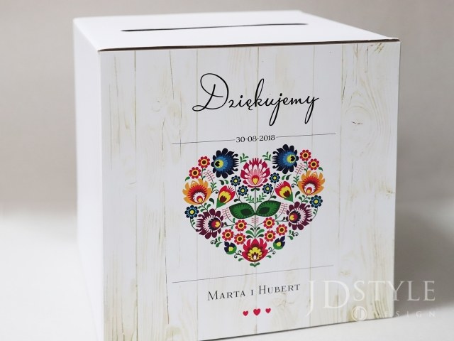 Pudełko na życzenia ślubne z ludowym sercem z kwiatów FB-03-PNK