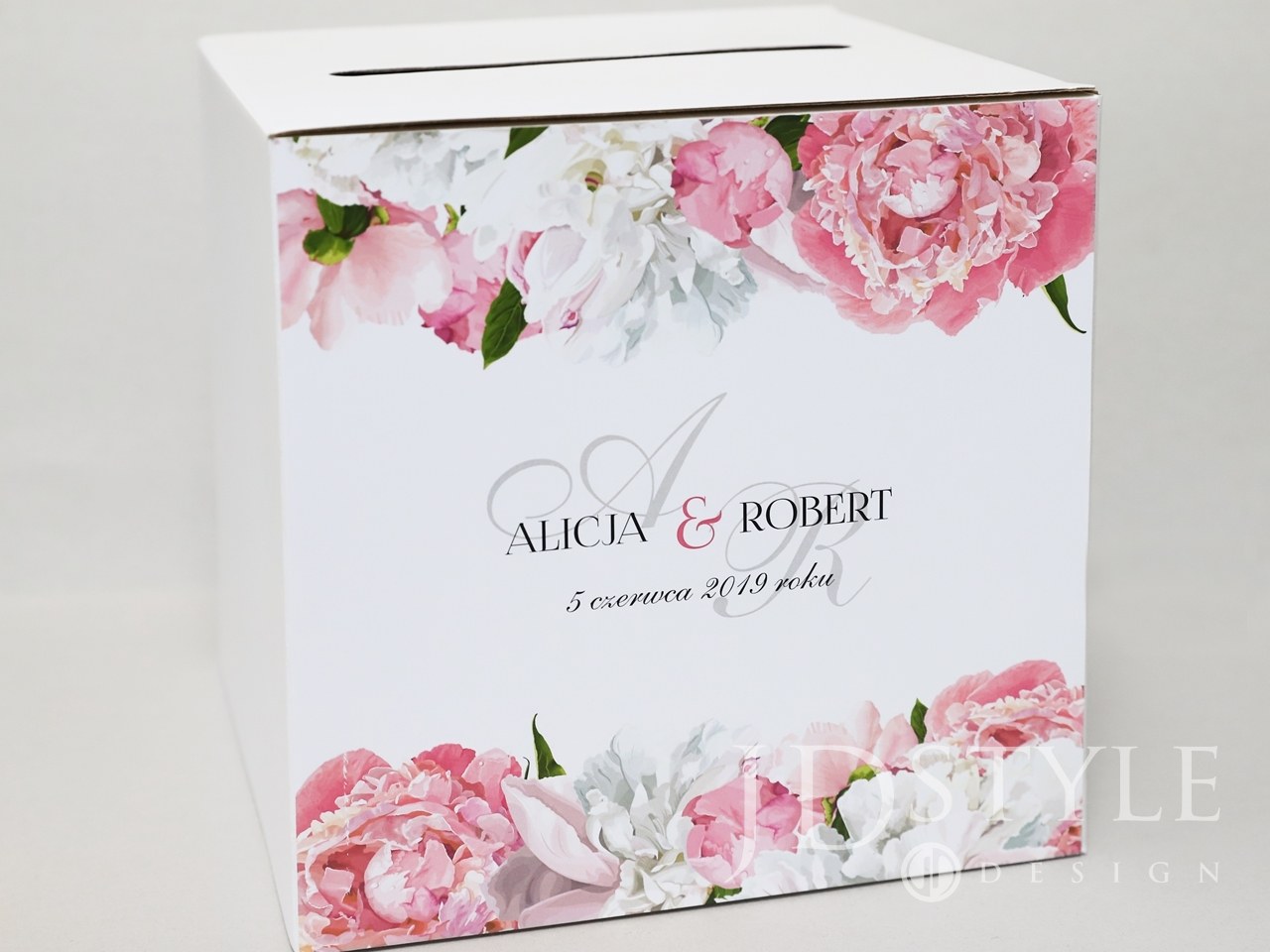 Pudełko na koperty ślubne z piwoniami różowymi i białymi FL-45-PNK