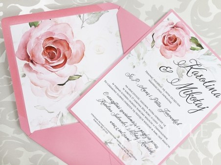 Zaproszenia ślubne akwarele jednokartkowe z różami FL-64, koperta różowa w szpic z wklejką kwiatową