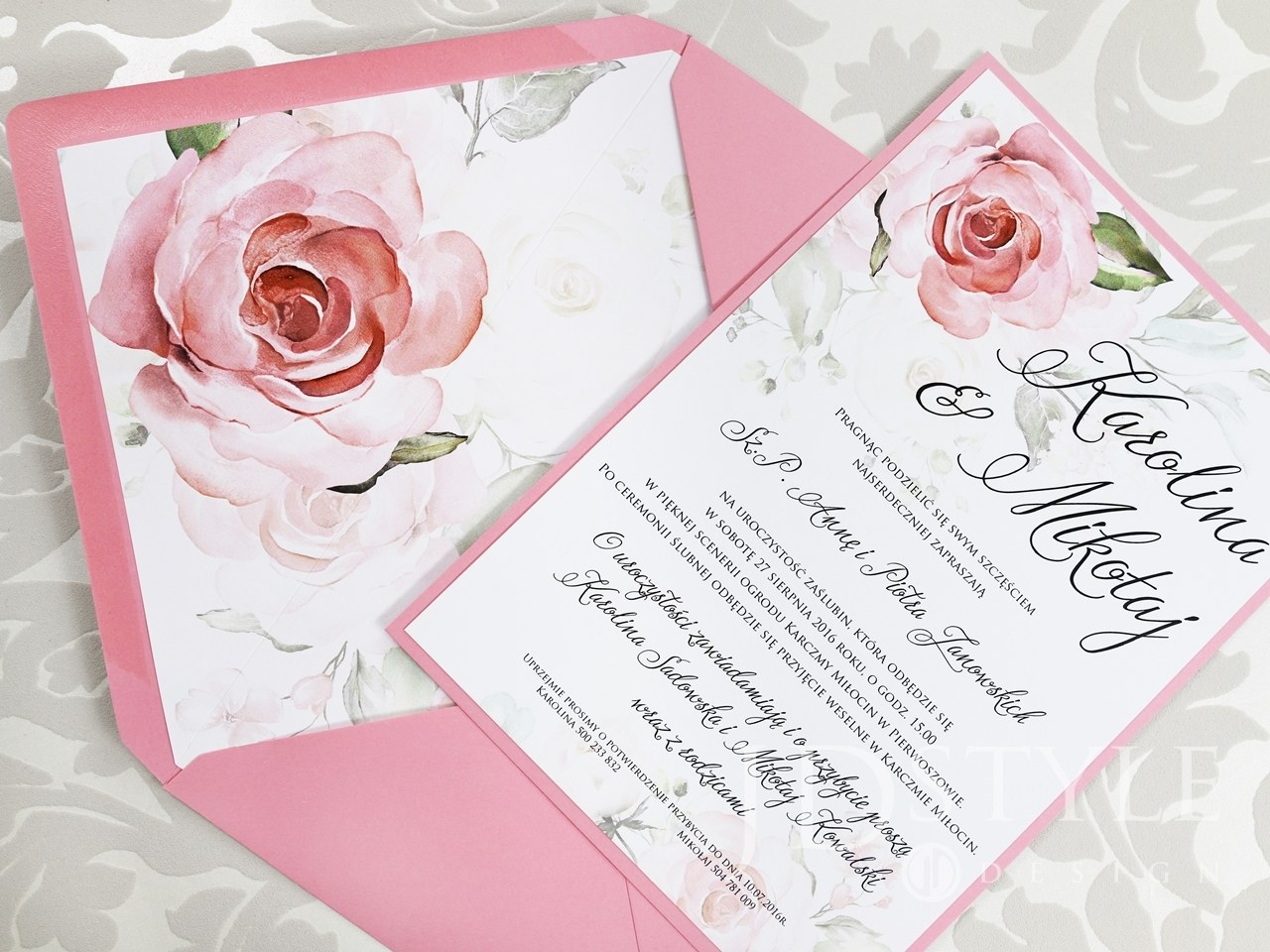 Zaproszenia ślubne akwarele jednokartkowe z różami FL-64, koperta różowa w szpic z wklejką kwiatową
