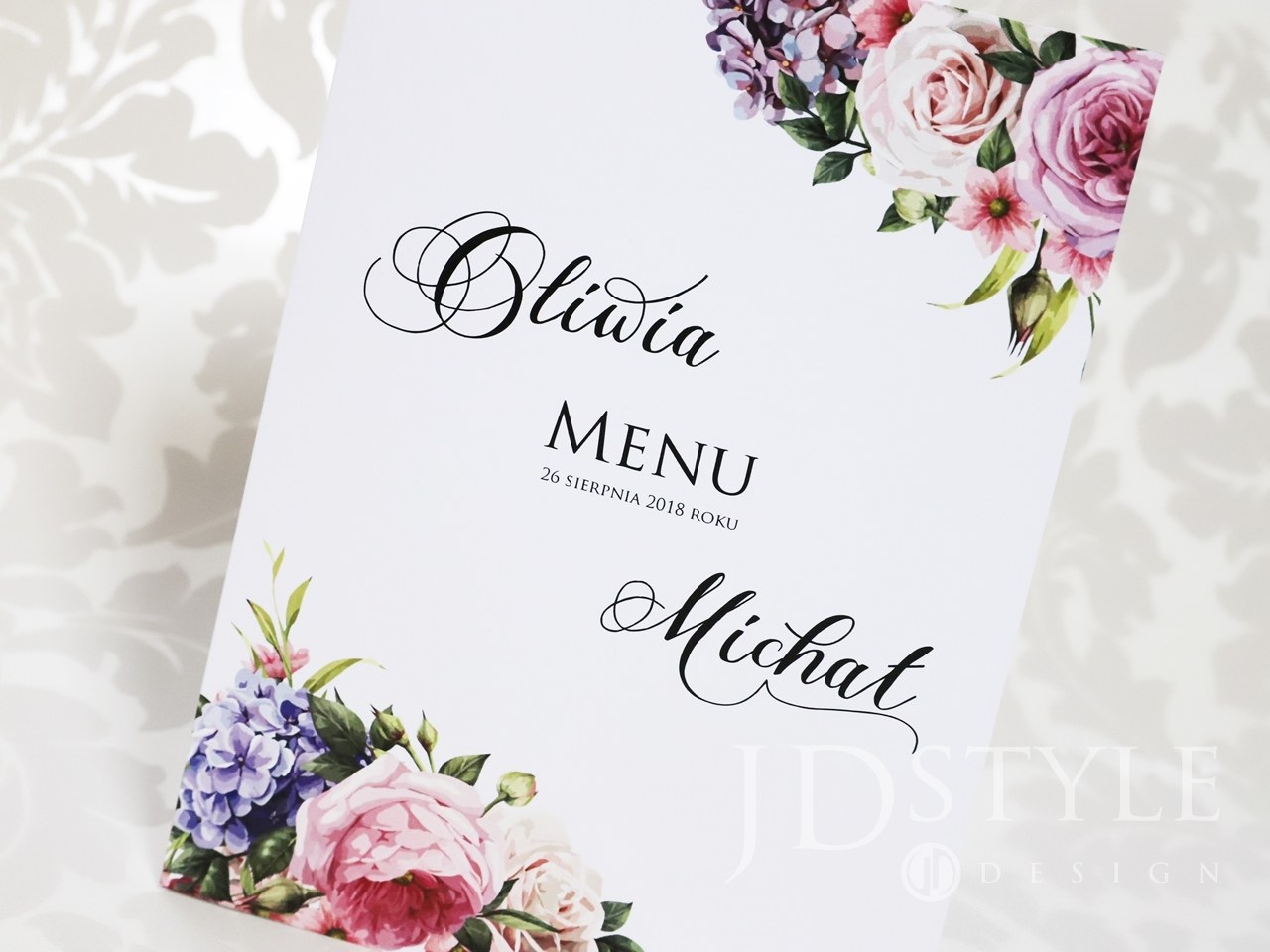 Karty menu na przyjęciu kwiatowe, piwonie, hortensje i róże FL-34-M