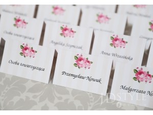 Kwiatowe wizytówki na stoły ślubne z różami FL-02-W