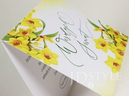 Wielkanocne kwiatowe kartki firmowe żonkile WI-03, kartka otwiera się do góry.