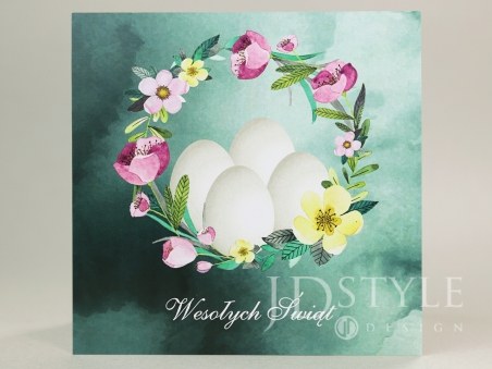 Kartki dla firm wielkanocne z kwiatowym wiankiem i jajkami WI-16