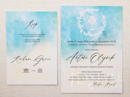 Niebieskie zaproszenia na I Komunię Świętą z kielichem i eucharystią KO-20