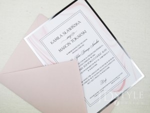 Duże zaproszenia na ślub jednokartkowe różowo-białe, srebrna lustrzana ramka GL-17