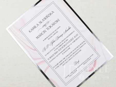 Zaproszenia ślubne glamour jednokartkowe różowo-białe, srebrna lustrzana ramka GL-17