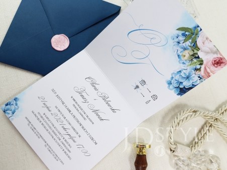 Kwiatowe zaproszenia ślubne z różowymi piwoniami i niebieskimi hortensjami FL-70, lak do kopert w szpic w różnych kolorach.