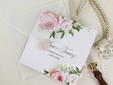 Zaproszenia ślubne kwiatowe różowe piwonie FL-74, otwierane do góry, opcjonalna pieczęć lakowa na koperty zamykane w szpic.
