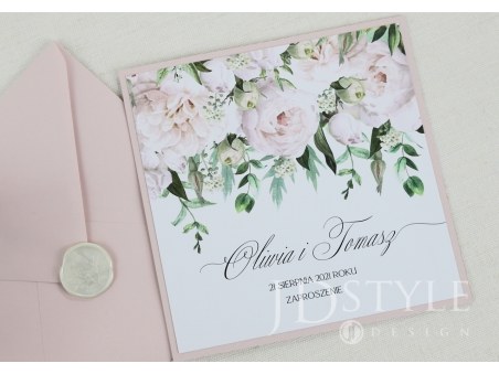Zaproszenia ślubne różowe z piwoniami ręcznie robione z różową kopertą FL-75