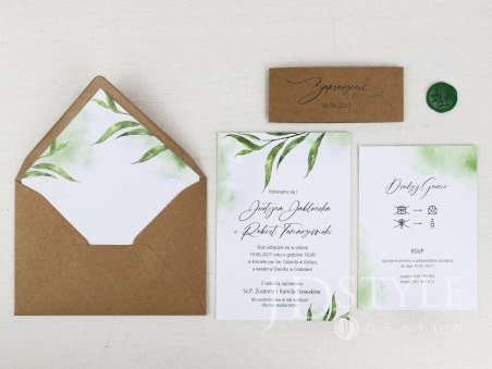 Zaproszenia na ślub botaniczne z opaską oraz kopertą z papieru ekologicznego FL-76