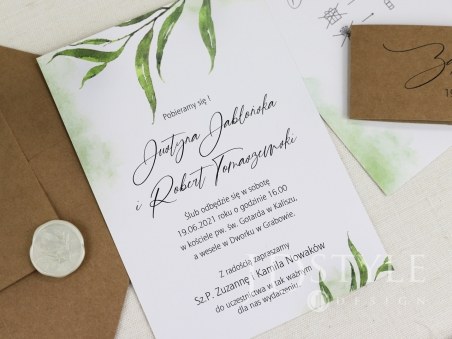Zaproszenia ślubne rustykalne z opaską i kopertą ekologiczną FL-76