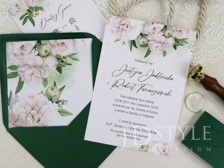 Zaproszenia na ślub kwiatowe z piwoniami i zieloną kopertą FL-77