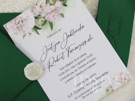 Zaproszenia ślubne kwiatowe z piwoniami i zieloną kopertą, możliwość zamówienia dodatkowego laku z pieczęcią za dopłatą FL-77