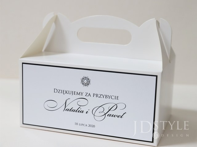 Ślubne pudełka na ciasta z perełką i czarną ramką PE-PNC-(R)