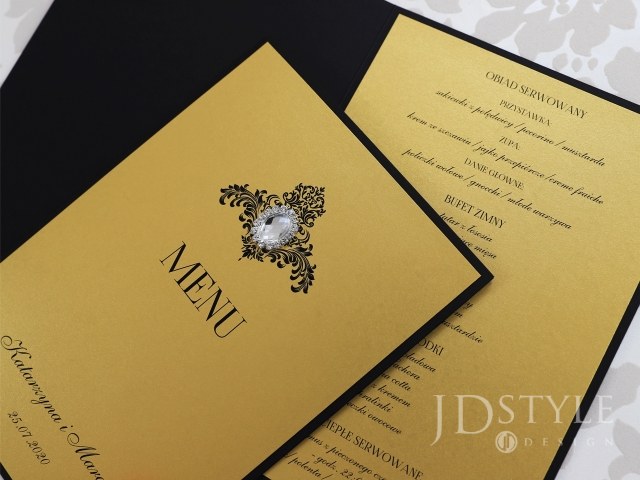 Karty menu na elegankie wesele złoto-czarne z biżuterią GL-08-M