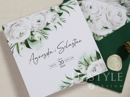 Zaproszenia na ślub butelkowa zieleń z piwoniami FL-79, opcjonalnie z lakami i wklejkami do kopert