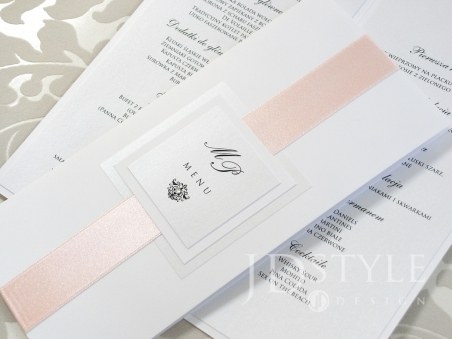 Niezwykłe karty menu na weselu RO-01-M-(DL) z tasiemką pudrowy róż