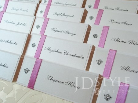 Winietki na stół z tasiemką różowo-wrzosową rękodzieło RO-01-W-(D)