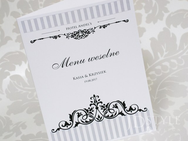 Ciekawe karty menu na wesele grafika szaro-srebrna VI-05-M