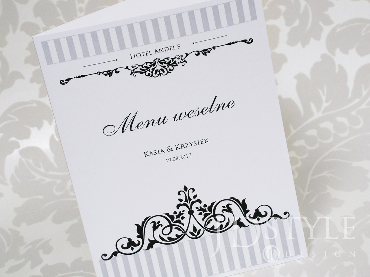 Ciekawe karty menu na wesele grafika szaro-srebrna VI-05-M