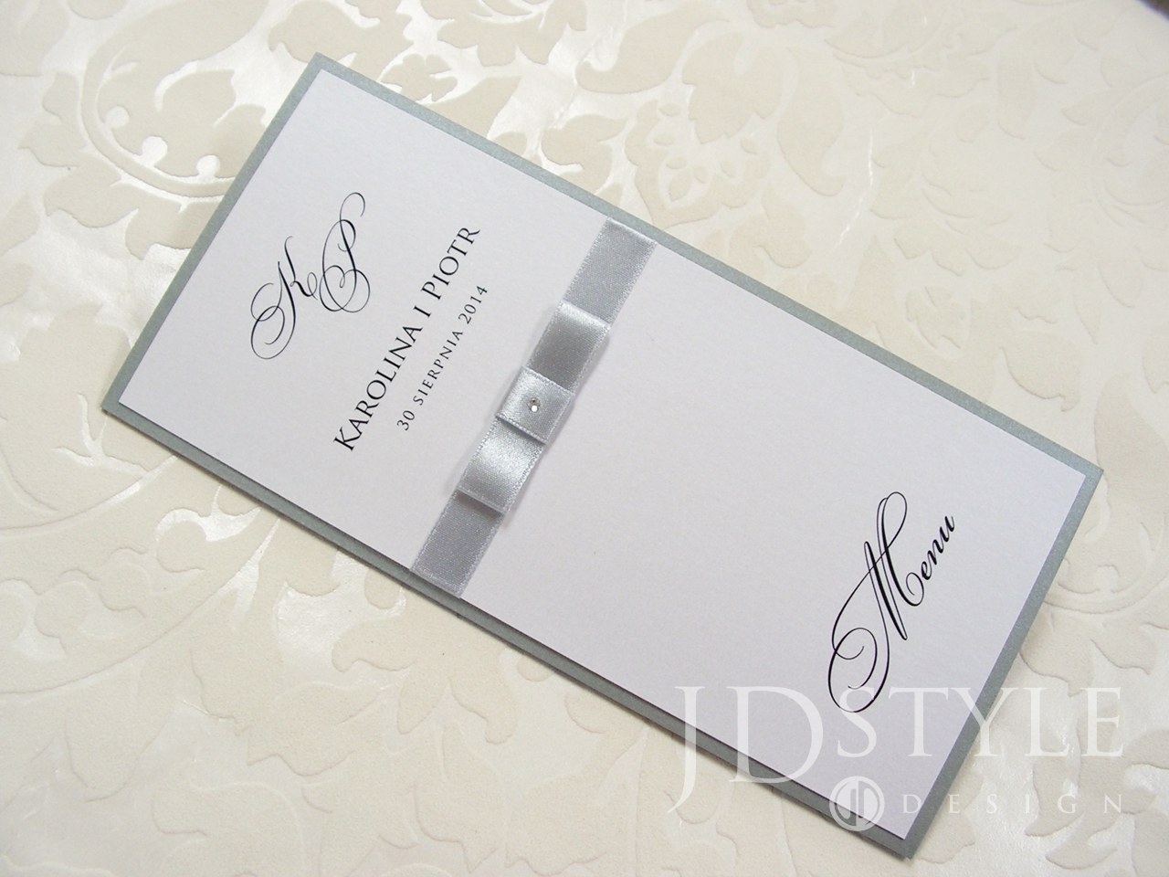 Menu weselne PR-02-M-(DL), papiery perłowe srebrny-biały, tasiemka srebrna