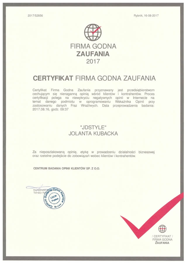 Certyfikat firma godna zaufania 2017