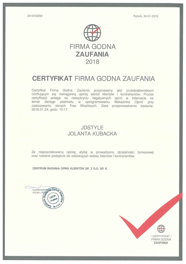 Certyfikat firma godna zaufania 2018
